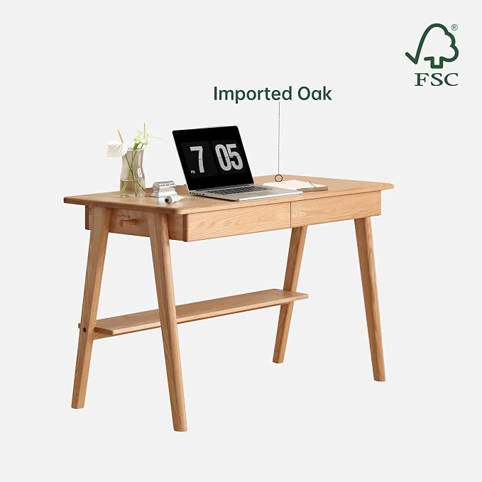 YESWOOD 100% Solid Wood Desk with Drawers, Mid Century Modern Oak Desk, Home Office Computer Desk for Study Writing 47.24" W