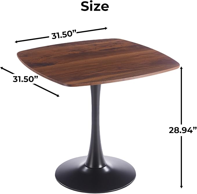 31.5" Walnut Tulip Table, Square Dining Table for 4, Mid Century Walnut Kitchen Table with Metal Pedestal for Cafe, Living Room, Small Space