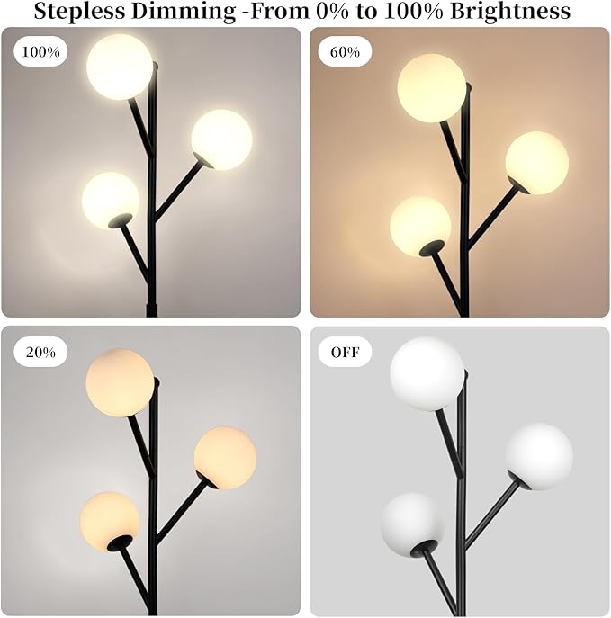 3-Globe Mid Century Black Tree Floor Lamp for Living Room,70in Tall Modern Stepless Dimmable Standing Lamp with Frosted Glass Shade for Office Bedroom, Study Room Bulbs Included(dimmer-Black)