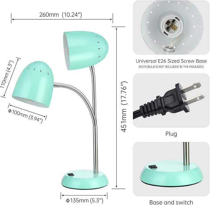 Eye-Caring Table Lamp of Simple Designs Home E26 Led Screw Basic Metal Desk Lamp with Flexible Gooseneck Hose Neck Study Lamp for Bedroom Office Living Room Convenient On/Off Switch(Green)