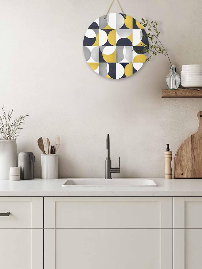Welcome Sign for Front Door Mid Century Geometric Wood Door Hanger for Outdoor Outside Porch,10 Inch Round Wooden Wreath Indoor Wall Hanging Decoration, Abstract Modern Yellow