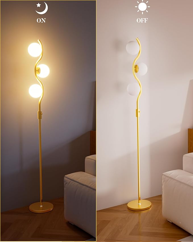 60IN Dimmable Gold Globe Floor Lamp, Modern Standing Lamps with 3 Soft Warm White 3000K Bulbs, Mid Century Floor Lamp with 5Lbs Heavy Base for Living Room Bedroom Home Decor