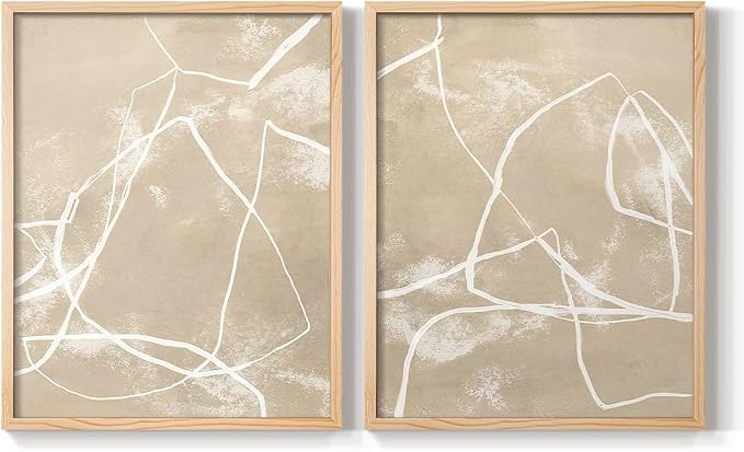 Renditions Gallery Set of 2 Peel & Stick Framed Prints, Neutral Abstract Wall Art, Beige Line Art Pattern Wall Decor, Re-Stickable - Ready to Hang - 11"x14" - NATURAL WOOD Frame LT588