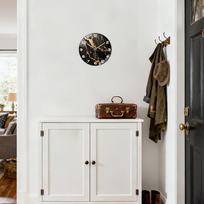 peacoblue Wall Clocks Battery Operated 12 Inch Marble Pattern Glass Round Wall Clock Non Ticking for Kitchen Living Room Dining Room Bedroom and Bathroom Decor Accessories (Battery not Included)
