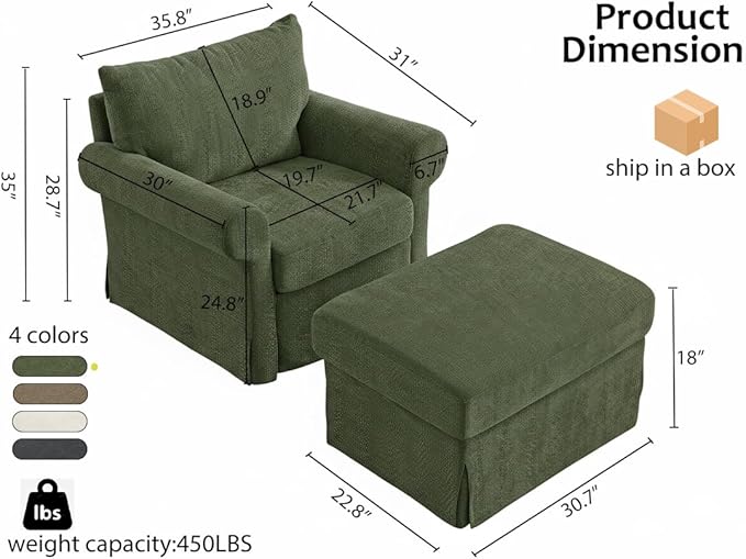 35.8" Chenille Accent Chair with Ottoman Set, Comfy Upholstered Armchair with Rolled Arms, Modern Single Reading Chair for Living Room, Bedroom, Apartment, Green