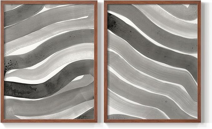 Renditions Gallery Set of 2 Peel & Stick Framed Prints, Watercolor Abstract Wall Art, Black and White Bold Brushstrokes Wall Decor, Re-Stickable - Ready to Hang - 11"x14" - Walnut Frame LT588