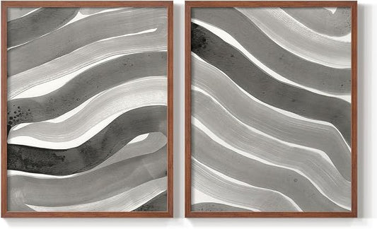 Renditions Gallery Set of 2 Peel & Stick Framed Prints, Watercolor Abstract Wall Art, Black and White Bold Brushstrokes Wall Decor, Re-Stickable - Ready to Hang - 11"x14" - Walnut Frame LT588