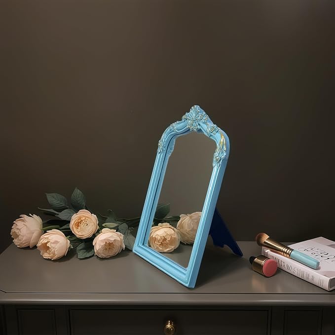 Vintage Carved Desk Mirror - 13x10 Inch Decorative Vanity Mirror for Makeup, Dorm, Bedroom & Tabletop Deco (Blue, 13" L x 10.2" W Flowers)