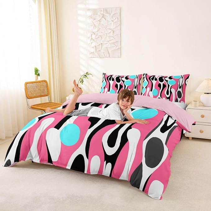 Erosebridal Mid Century Modern Abstract Duvet Cover Set Vintage Geometric Queen Bedding Set for Preteen Boys Girls Contemporary Organic Shapes Comforter Cover Squiggle Blob Bed Sets,Pink Turquoise