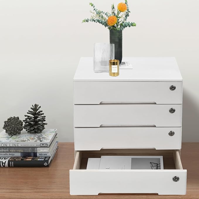 Desktop File Organizer with Lock, 2/3/4 Tier Multi-Drawer Wooden Storage Cabinet, Office Supply Organizer for Home Desk, Study & Workplace (White, 4 Layers)