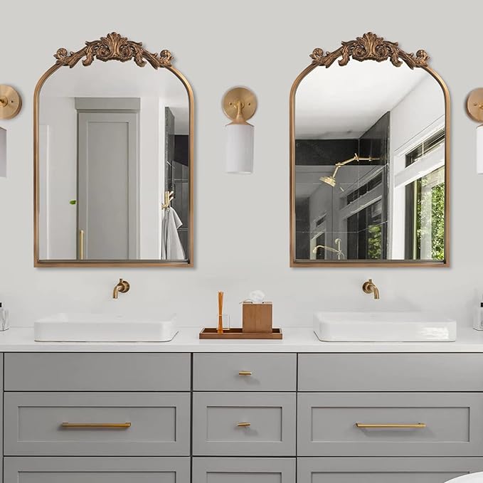 Gold Traditional Vintage Ornate Baroque Mirror,Gold Brass Mirror for Wall,Victorian Antique Bronze Mirrors Arched for Bathroom/Living Room/Hallway/Fireplace 19"X27"