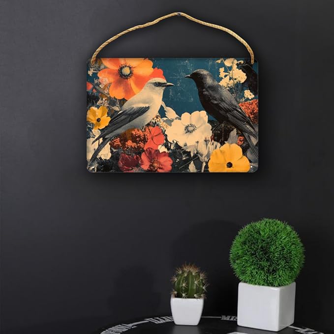 Black Bird in Red & White Flower Collage Wooden Sign 12x8 Inch - Eclectic Office Decor for Retro Lovers - Great Gift for Bold Home Accent Admirers