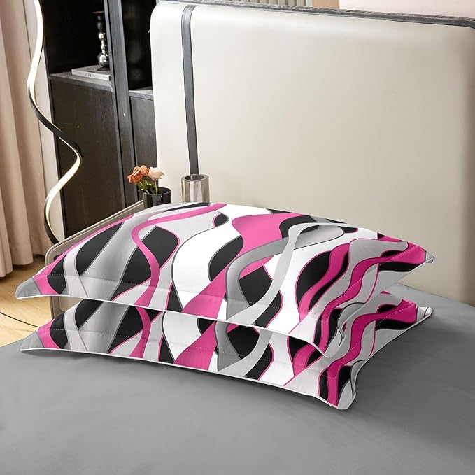 Erosebridal Pink and Black Abstract Bedding Set King Waves Striped Geometric 100% Cotton Duvet Cover Stripes Aesthetic Line Comforter Cover for Kids Teens Adults Contemporary Boho Bed Set 3 Pcs