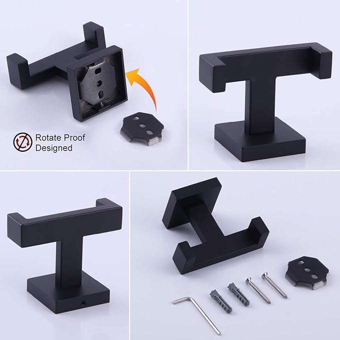 GERZWY Bathroom Matte Black Double Coat Hook SUS 304 Stainless Steel Towel/Robe Clothes Hook for Bath Kitchen Modern Hotel Style Wall Mounted AG1407B-BK