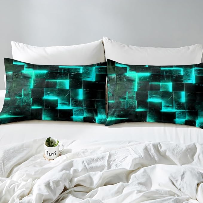 Black Teal Abstract Comforter Cover Gradient Square Bed Set, Grid Queen Duvet Cover Neon Checkered Bedding Set Queen, Glowing Plaid Bedspread Cover Modern Room Decor 3pcs (Black Reversible)