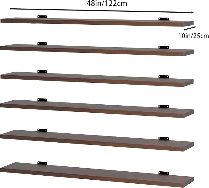 6 Tier Book Shelf,48 inch Walnut Long Floating Shelf for Wall,Adjustable Large Bookcase,Wall Mounted Bookshelf for Living Room