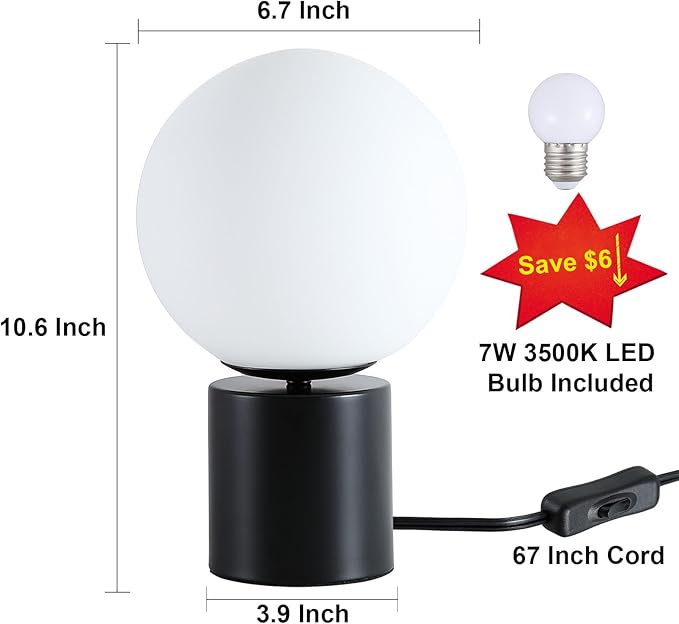 11 Inch Modern Mid Century Black Globe Table Lamp,Round Bedside Nightstand Lamp with White Glass Shade Metal Base Desk Lamp for Bedroom Living Room End Table,Bulb Included