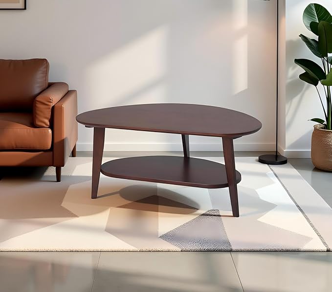 NAVREX Mid Century Modern Coffee Table with Storage, 2 Tier Oval Round Coffee Tables for Living Room, FSC Certifiled 100% Solid Bamboo Wood Center Table, Value Lies in Material (Walnut Finish)