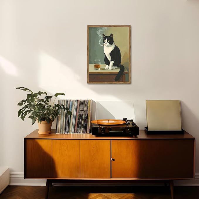 Funny Cat Wall Art Cute Black and White Tuxedo Cat with Cigarette Wall Decor Painting Vintage Animal Bar Poster Canvas Picture Print for Living Room Bedroom 12x16 inch Wood Framed