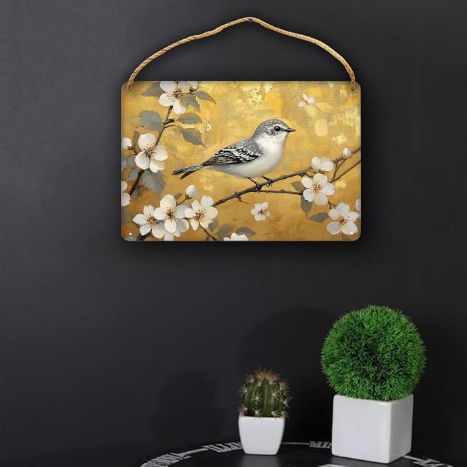 Artistic Retro Bird on Floral Branches Wooden Wall Art, Luxe Home Decors for Vintage Enthusiasts, 12x8 Inch Wood Sign to Add Glamour to Your Bedroom