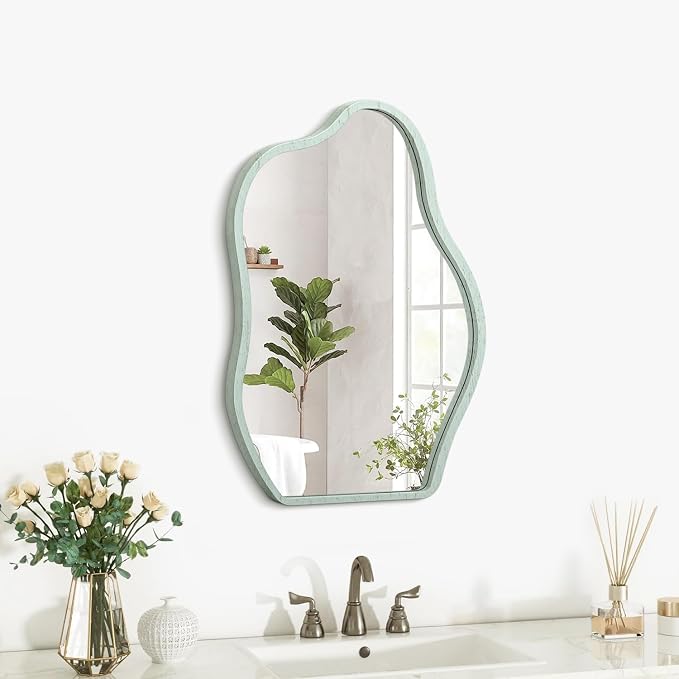 Asymmetrical Irregular Mirror for Wall Wooden Framed Hanging Wall Mirror Cloud Modern Unique Bathroom Wall Mirrors Decorative Living Room Bedroom Entryway Hallway Artistic Hanging Mirror