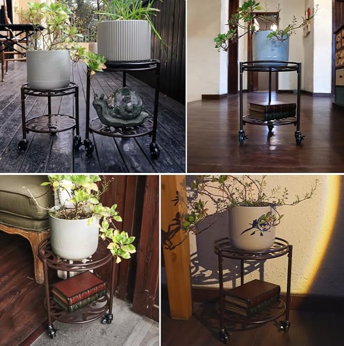 2 Tier Rolling Plant Stand with Wheels, Mid Century Modern Metal Stand for Planters, 2 Sizes 9 Inch & 11 Inch, Indoor Outdoor Movable Flower Pot Holder for Decor Home Garden Patio Load Bearing 165 LB 2 Pack Coffee