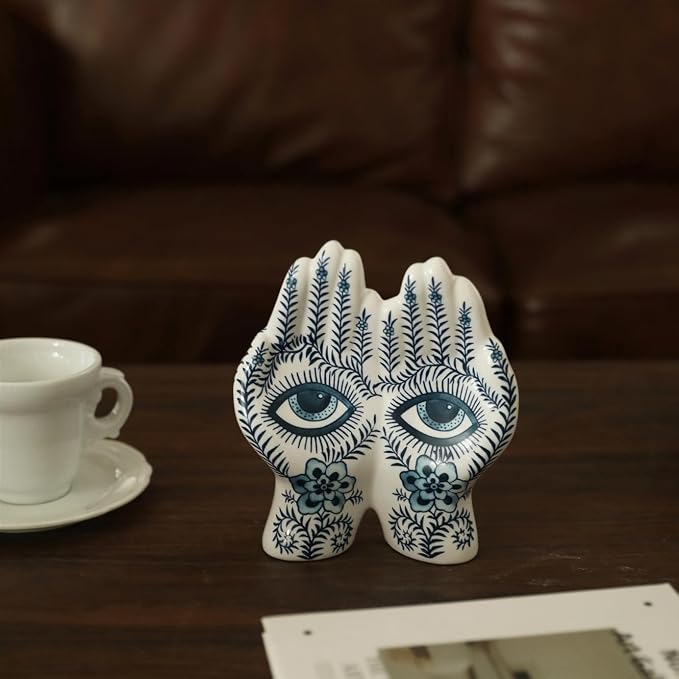 Blue Eye Hand Ceramic Sculpture, Modern Abstract Art Decor Figurine, Hand Shaped Blue Floral Ornament for Living Room, Bookshelf, Office, Home Decor,Decoration Gift