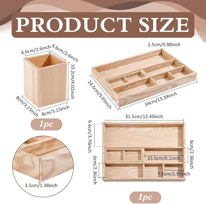 PH PandaHall 2pcs Wooden Desk Organizer Tray with Pen Holder Table Storage Box Drawer Organizer Tray Keys Watch Pencil Divided Trays for Home Office School Workspace Organization Desktop Accessories