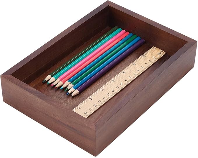UNICRAFTALE Wood Desk Organizer Tray Rectangle Letter Tray for Office Desktop Organizer Brown Vintage Wood Paper Trays Magazine Holder Trays for File Pens Mail Keys 9.44"x6.69"x1.9"