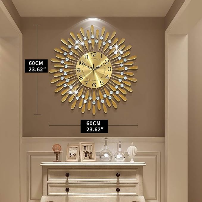 Large Wall Clock Metal Decorative 3D Non-Ticking Silent Quartz with Arabic Numerals for Living Room Home Kitchen Decor Gold