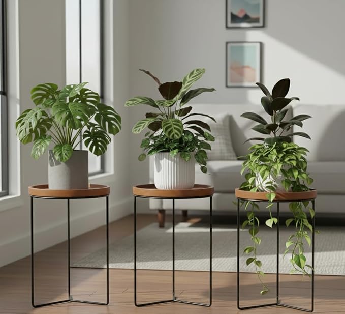 Indoor Metal Plant Stands with Wooden Tops, Holds Pots up to 12" Diameter, 120 lb Capacity Each - 9" Wood Top Plant Stand - 3-Pack