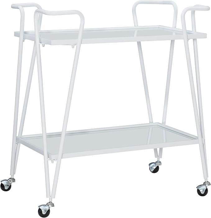 Linon Gina White Mid-Century Bar Cart with Mirrored Shelves and Locking Wheels