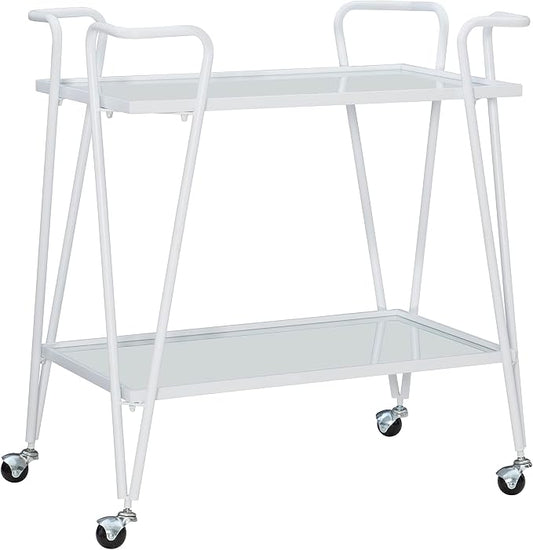 Linon Gina White Mid-Century Bar Cart with Mirrored Shelves and Locking Wheels