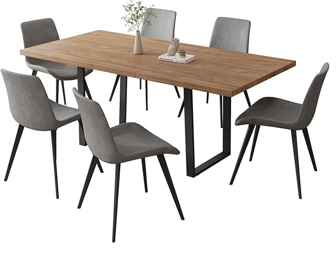ZckyCine 67" Expandable Walnut Dining Table and 6 Upholstered Chairs, 7-Piece Dining Room Furniture Set, Mid-Century Modern Style for Home, Dining Room and Kitchen