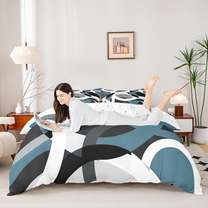 Feelyou Geometric Circle Duvet Cover Modern Retro Grommet Bedding Set Kids Boys Girls Geometrics Swirls Comforter Cover Grey Blue Black Abstract Stripe Line Bed Set Queen Size Zipper (No Comforter)