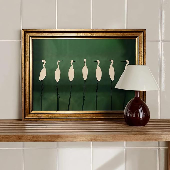 Japanese Cranes Wall Art 20x30 inch Gold Framed Retro Bird Animal Canvas Poster Nature Minimalist Green Home Prints for Living Room Bedroom Office Decor