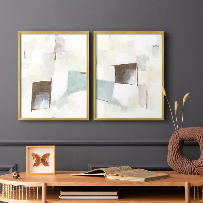 Renditions Gallery Set of 2 Peel & Stick Framed Prints, Abstract Wall Art, Minimalist Color Block Brush Strokes Wall Decor, Re-Stickable - Ready to Hang - 16"x20" - GOLD Frame LT588