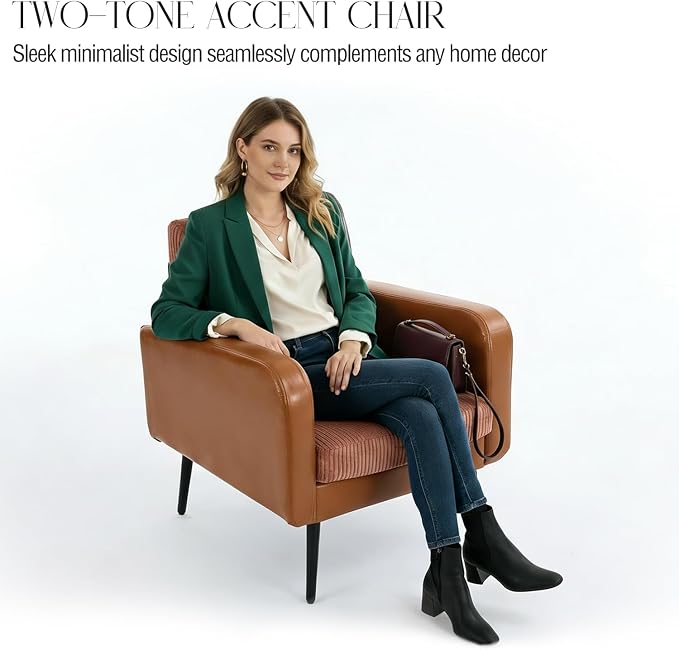 Comfy Accent Chair for Living Room Chairs Mid Century Modern Reading Chair Accent Chairs Set of 2 with Metal Legs,Upholstered Arm Chair for Bedroom Office Waiting Room (Brown & Ochre,2)