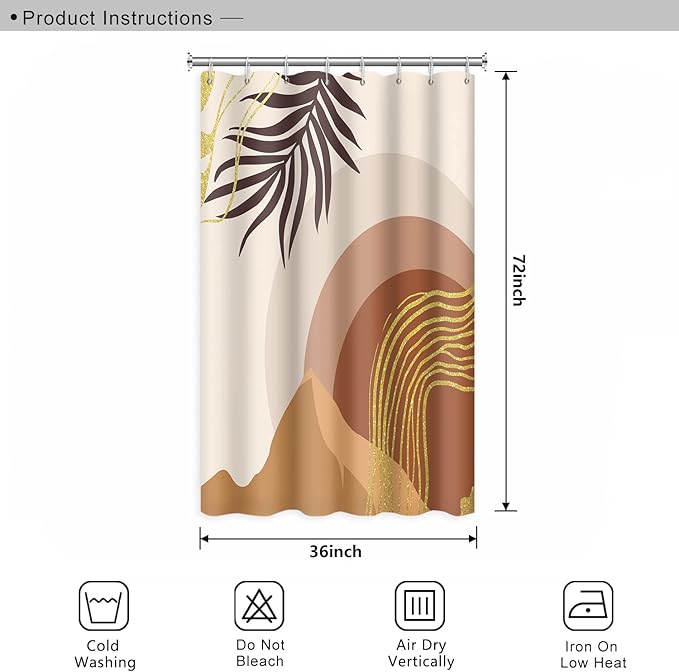 Abstract Mid Century Boho Bathroom Shower Curtain with Eucalyptus Leaves Gold Lines Mountains Pattern, 36x72 Inch Waterproof Polyester Fabric for Home Decor