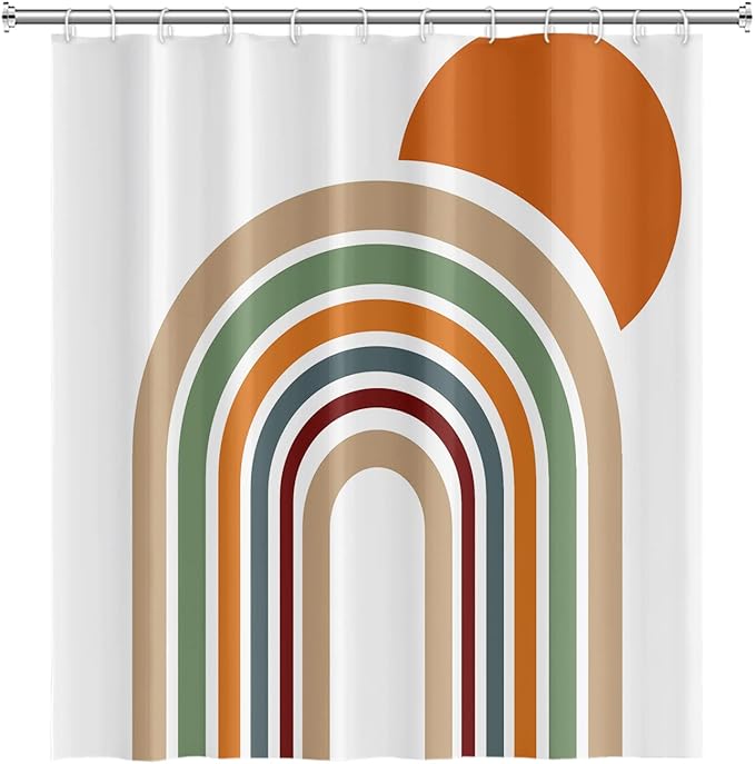 Mid Century Bohemian Shower Curtain - Colorful Stripes Arch Orange Sun Boho Design With Hooks, Waterproof Fabric Polyester, Aesthetics Home Decor, 36x72 Inch