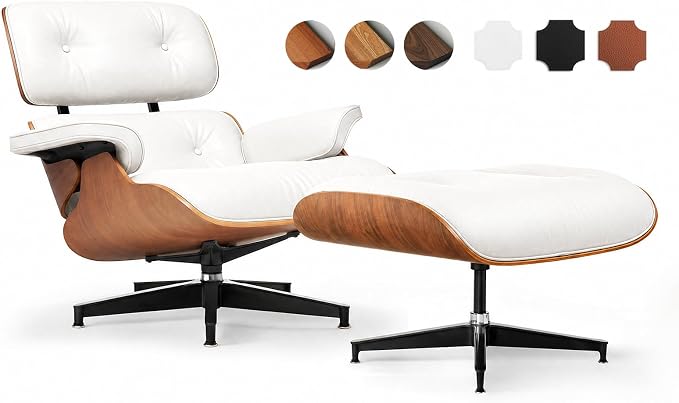 Top Grain Leather, Mid Century Chaise Lounge Chair and Ottoman, Modern Chair Classic Design, Heavy Duty Base Support for Living Room Study Lounge Office, Walnut-White, Heightening