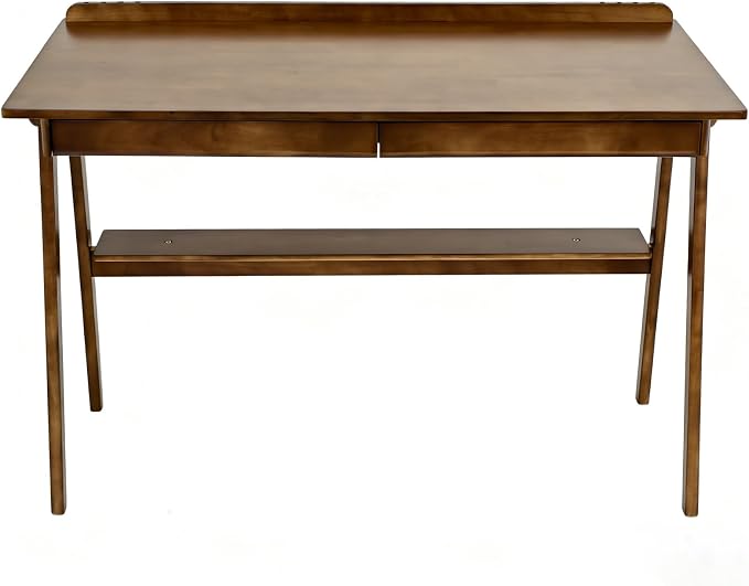 Solid Wood Writing Desk, Mid-Century Modern Home Office Desk with 2 Drawers Storage Shelf & Side Hooks, Compact Study Desk for Small Spaces in Bedroom Office (Walnut)