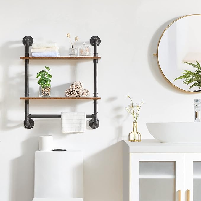 YMYNY Industrial Pipe Shelf Bracket, 2 Tiers Retro Wall Mounted Floating Shelf, Wood Look DIY Storage Shelving Bookshelf, UHRF-TM014