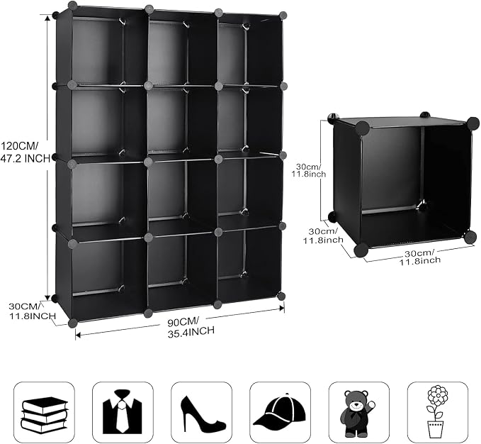 Cube Storage Organizer, DIY Plastic Closet Cabinet Modular Bookcase, Storage Shelves for Bedroom Living Room, Office（12-Cube，Plastic）
