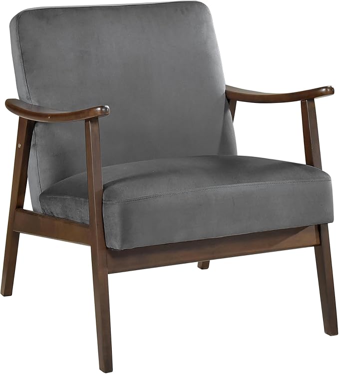 Lexicon Mid Century Modern Chair Velvet Accent Chair for Living Room Chair w/Solid Wood Armrests and Legs, Cushioned Seat and Backrest, Reading Chair and Lounge Chair for Bedrooms/Studios, Dark Grey