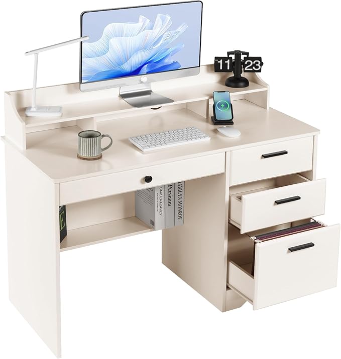 Catrimown Computer Desk with Drawers and Hutch, Farmhouse Home Office Desk, Wood Student Desk with File Drawer for Bedroom, Writing Table for Small Space, Warm White