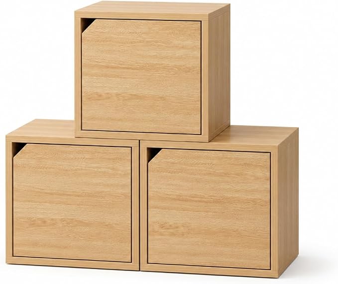 Modular Storage Cube with Door, 11.8" x 11.8" [30 x 30 x 30cm] Multipurpose Wooden Bookshelf and Closet Organizer, Stackable Shelving Unit with Optional Removable Interior Shelf (3, Woodgrain)