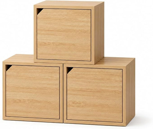 Modular Storage Cube with Door, 11.8" x 11.8" [30 x 30 x 30cm] Multipurpose Wooden Bookshelf and Closet Organizer, Stackable Shelving Unit with Optional Removable Interior Shelf (3, Woodgrain)