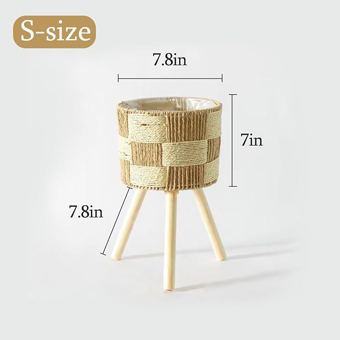 Boho Rattan Plant Stand Set of 2 – Handwoven Wicker Mid-Century Modern Floor Planter Stand for Indoor Plants, Large Farmhouse Decor, Sturdy Wood & Rope Design, Housewarming Gift (1 pieces（S）)