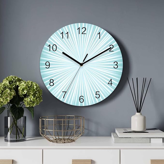 Abstract Wall Clock Battery Operated Non-Ticking 10" Round Wood Clocks, Sunburst Rays Light Blue Kitchen Wall Clock for School Bathroom Living Room Home Office Wall Decor
